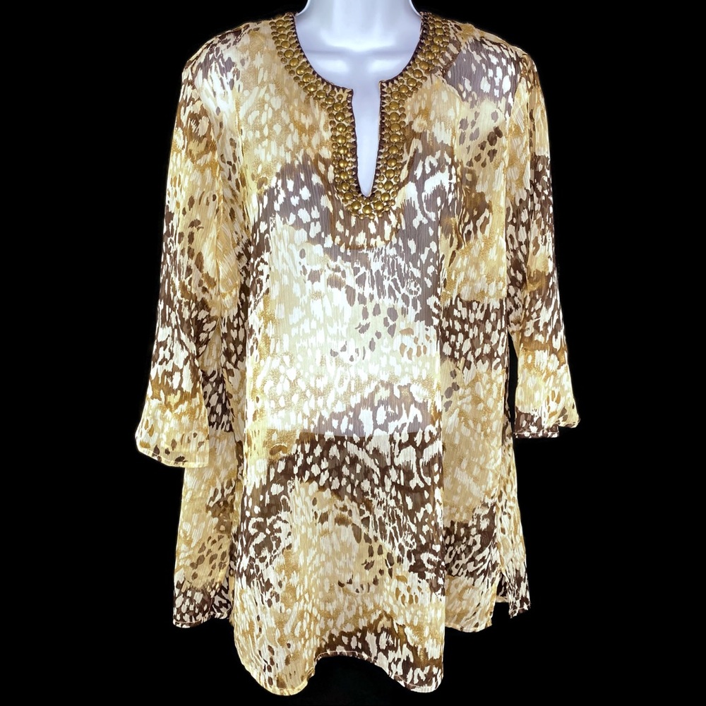 Adrienne Vittadini Brown and Tan Embellished Tunic